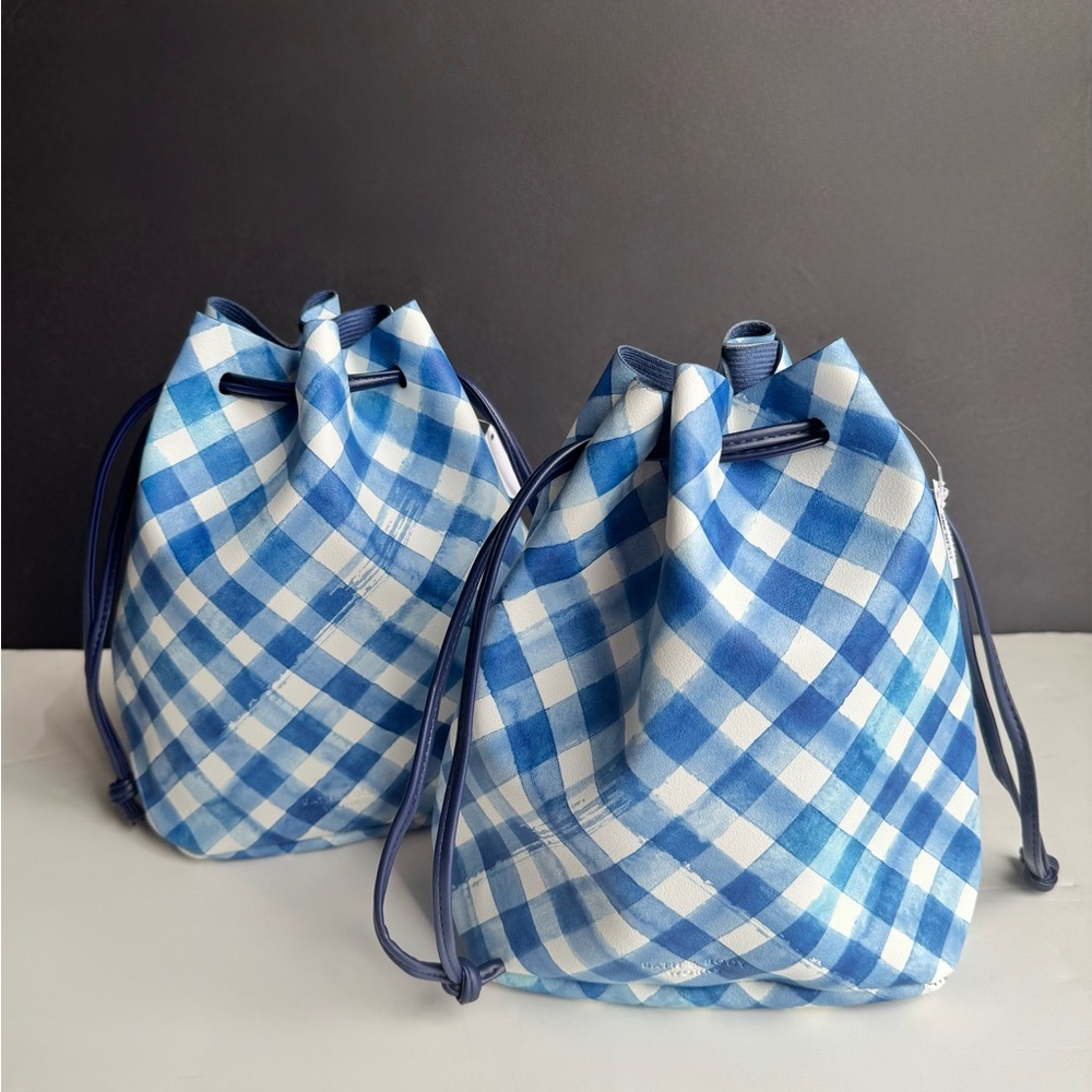 NEW (Set/2) Bath & Body Works Blue White Gingham Cinched Fabric Lined Gift Bags